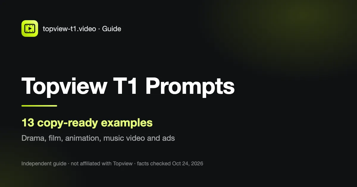 Dark purple cover card for the Topview T1 prompts guide with 13 copy-ready prompt examples