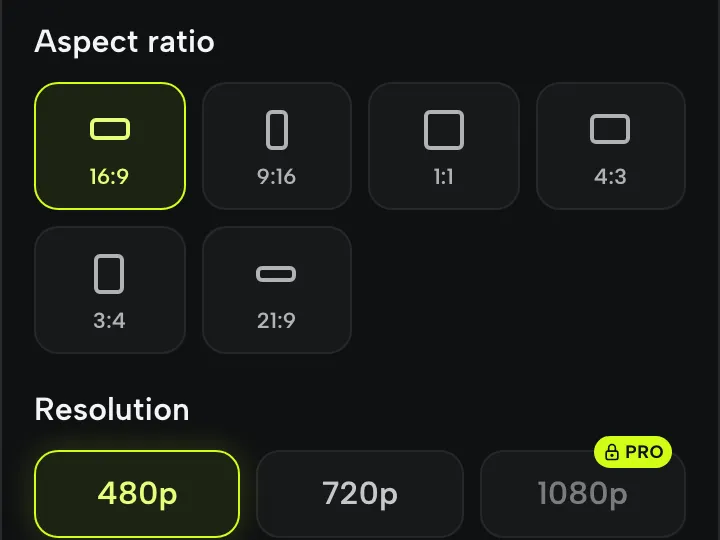 Studio settings panel with aspect ratio and resolution