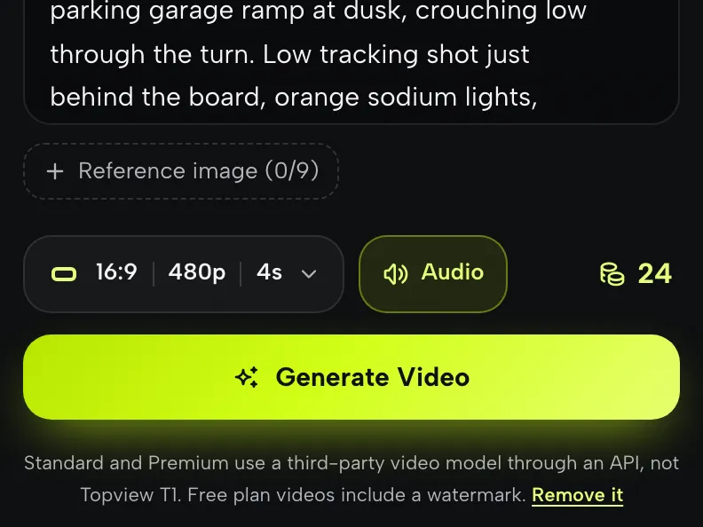 Studio toolbar showing a 24-credit cost and the Generate button